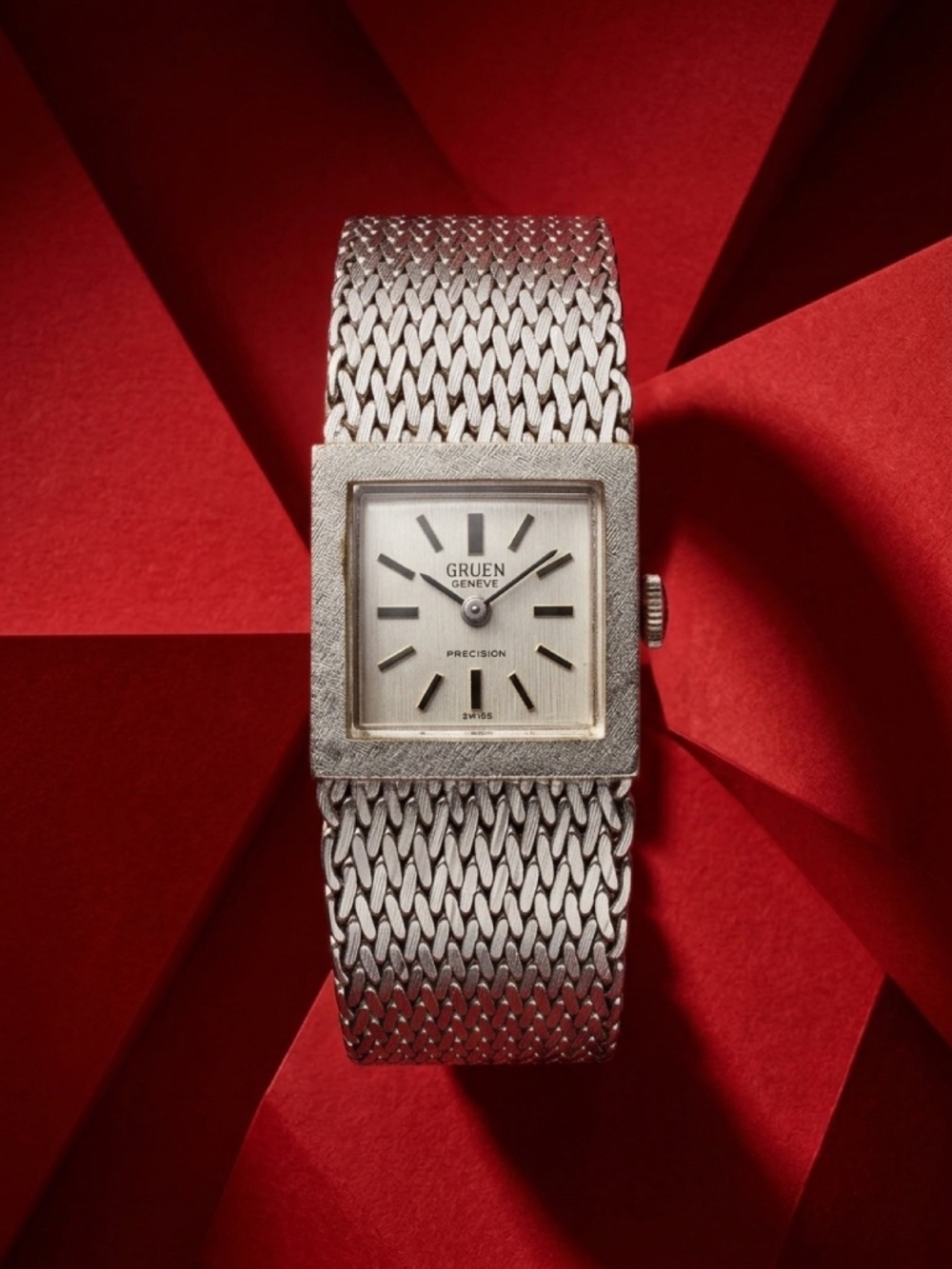Vintage Gruen Genève Precision Women’s Watch – Textured Mesh Band, Square Case